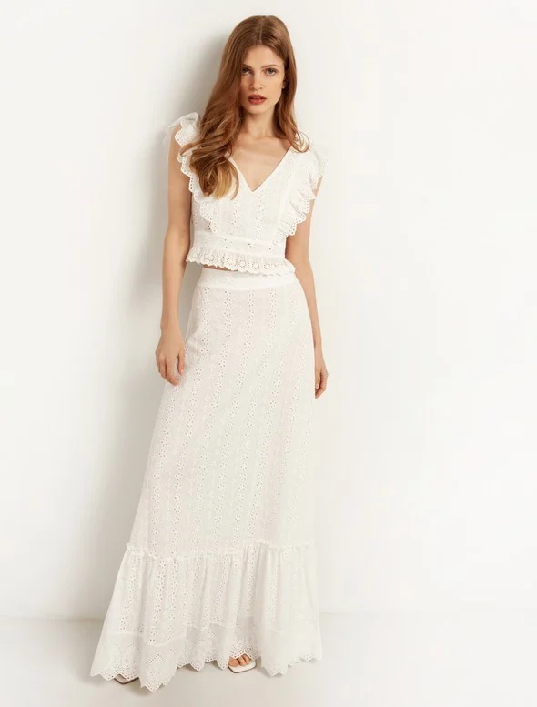 Toi&Moi Resort Collection: Maxi φούστα με κεντήματα και δαντέλα 10-3433-122 White/Λευκό