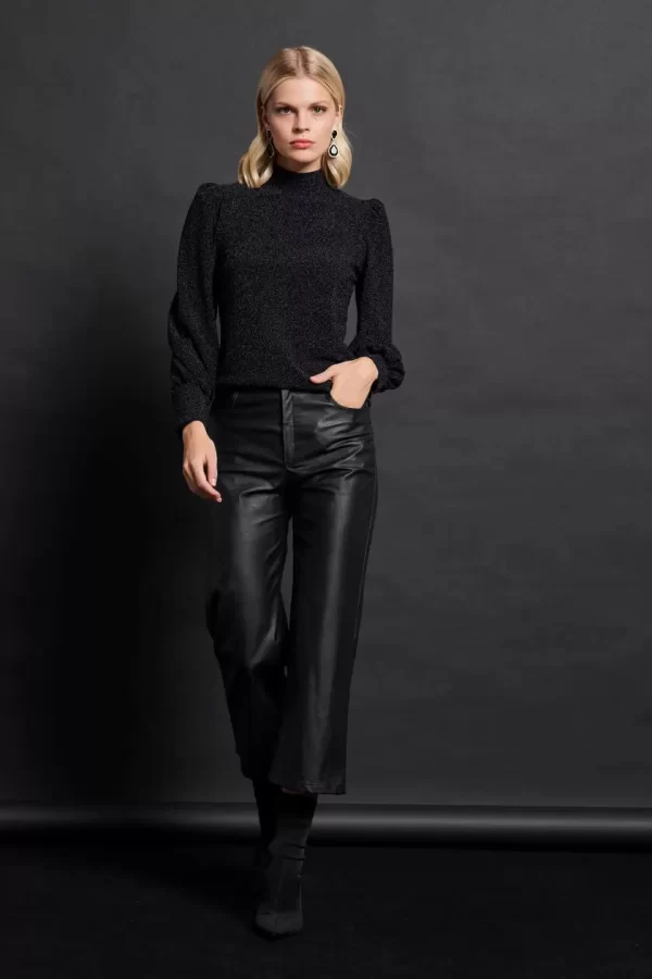 Bill Cost Παντελόνι cropped με όψη δερματίνης 10-010152-0 Black/Mαύρο