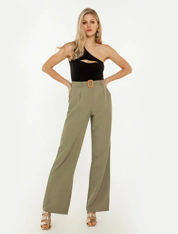 Toi&Moi Full length παντελόνα με ζώνη 20-4581-123-Khaki/Χακί