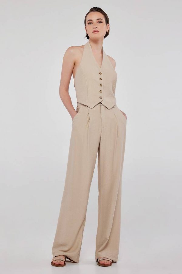 Mind Matter Λινή μπεζ παντελόνα με πιέτα CORA TROUSERS 2023S325-BEIGE/Μπέζ