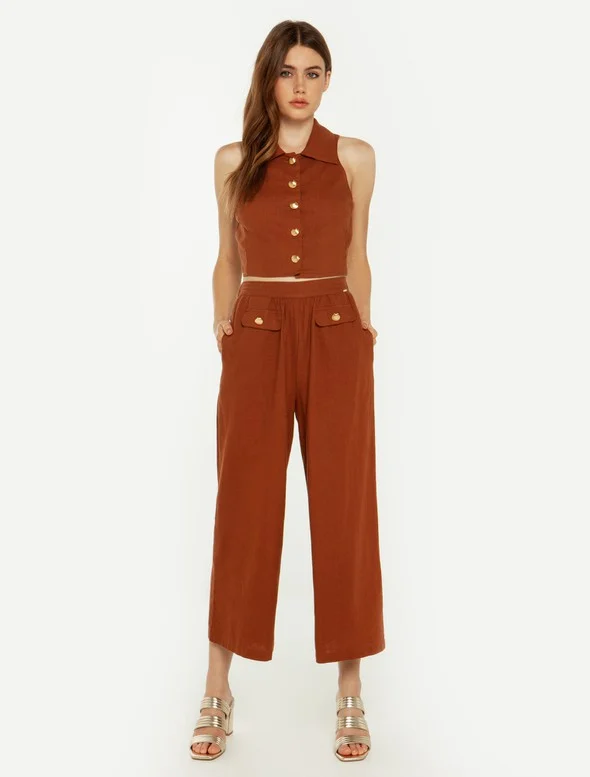 Toi&Moi Λινό culotte με τσέπες 20-4766-123-Brown/Καφέ