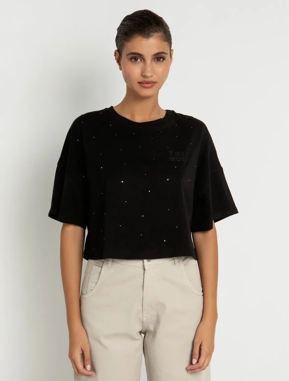 Toi&Moi Crop t-shirt με μεταλλικά στρας 80-6210-124-Black/Mαύρο